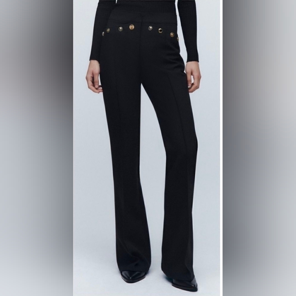 ZARA Black Flared Dress pants With Gold Buttons Size USA Medium